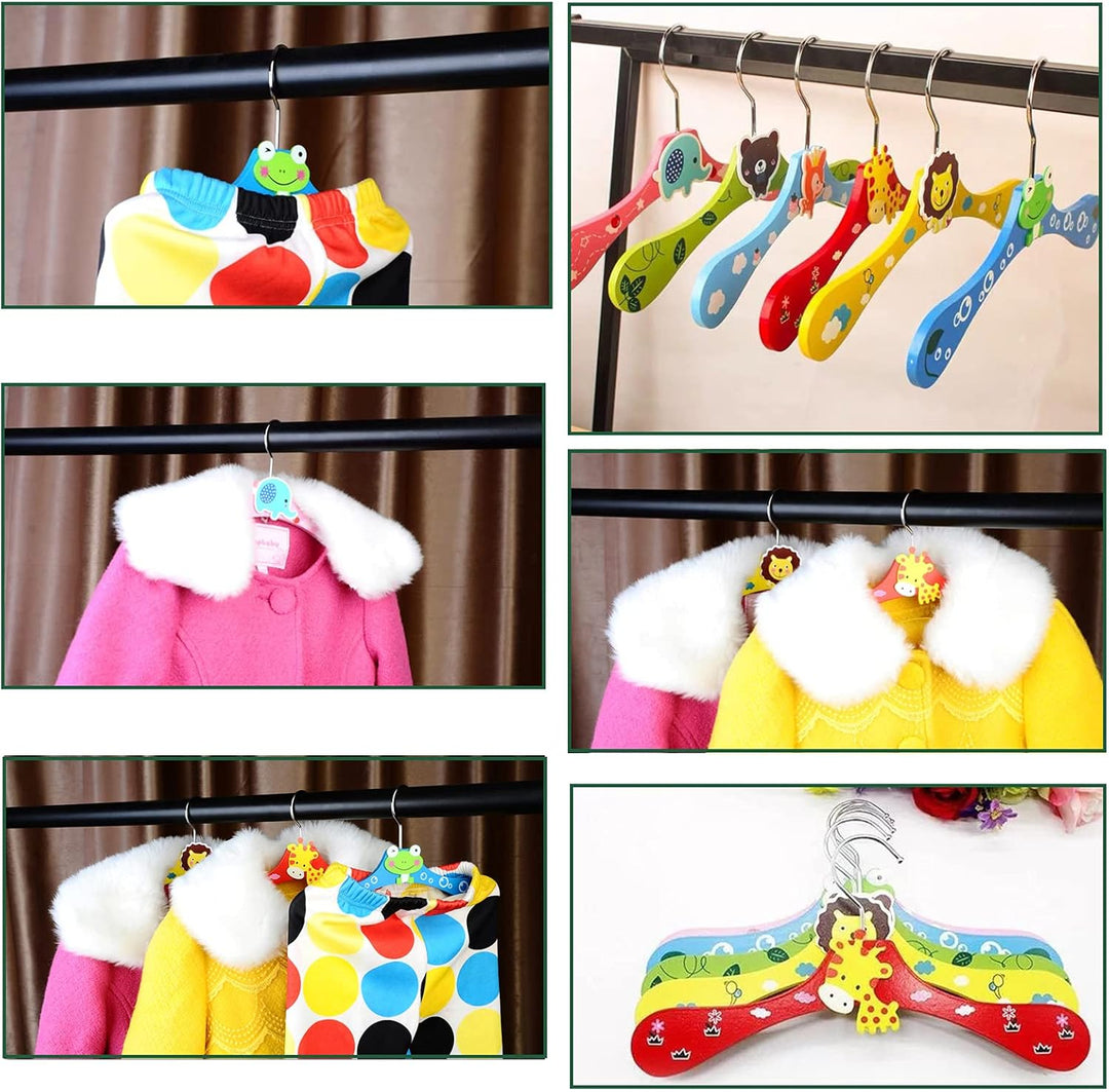 6 Stück Kinder Kleiderbügel aus Holz - Cartoon Baby Tiermotive Bunt: Giraffe, Bär, Frosch, Elefant,
