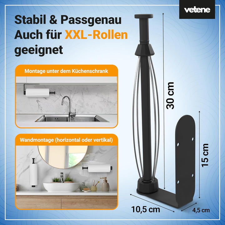 vetene® Küchenrollenhalter ohne Bohren [Einhändig Abreissen] – Edelstahl Schwarz – mit Abroll-Stop –