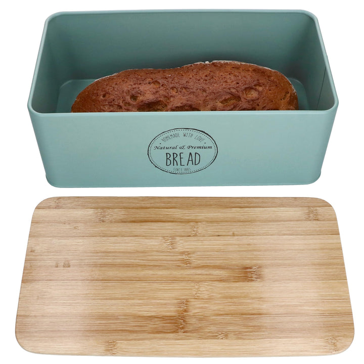 MamboCat Brotbox Fresh mint I (LxBxH) 33,2x18,5x15,4cm I Metall-Brotkasten mit Bambusdeckel I Aufbew