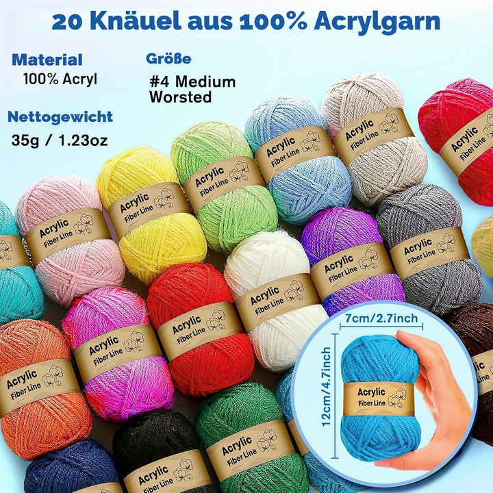 75 Farben Häkelwolle Set, Grosse Stricktasche, 20 Garnfarben, komplettes Set Mit Strickzubehör Einsc