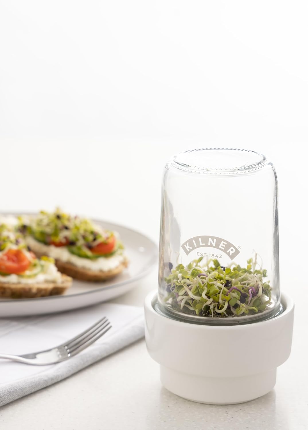 Kilner Sprossenglas Keimglas Set für die Sprossenzucht, mit Anleitung, Edelstahleinsatz, Keramikbode