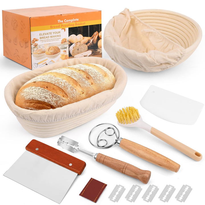Gärkorb Brot Set, Komplettset Brot Backen Zubehör inkl. Brotgärkorb (23cm rund & 25cm oval), Teigsch