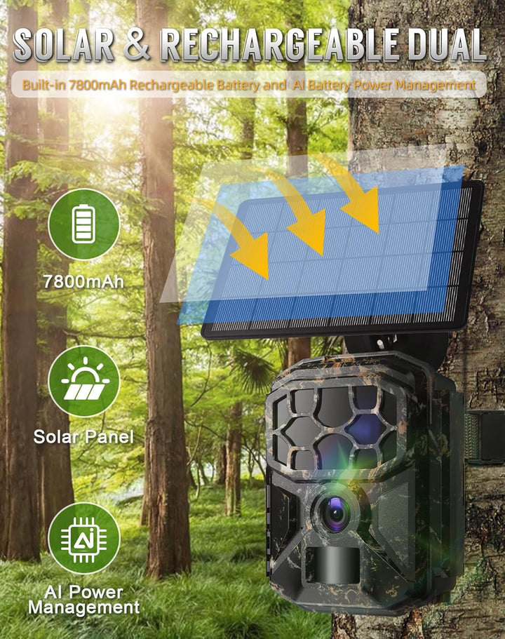 Wildkamera, 8K 60MP Solar Wildkamera mit Handyübertragung App, 7800mAh Akku, Bewegungsmelder 0,1s Au