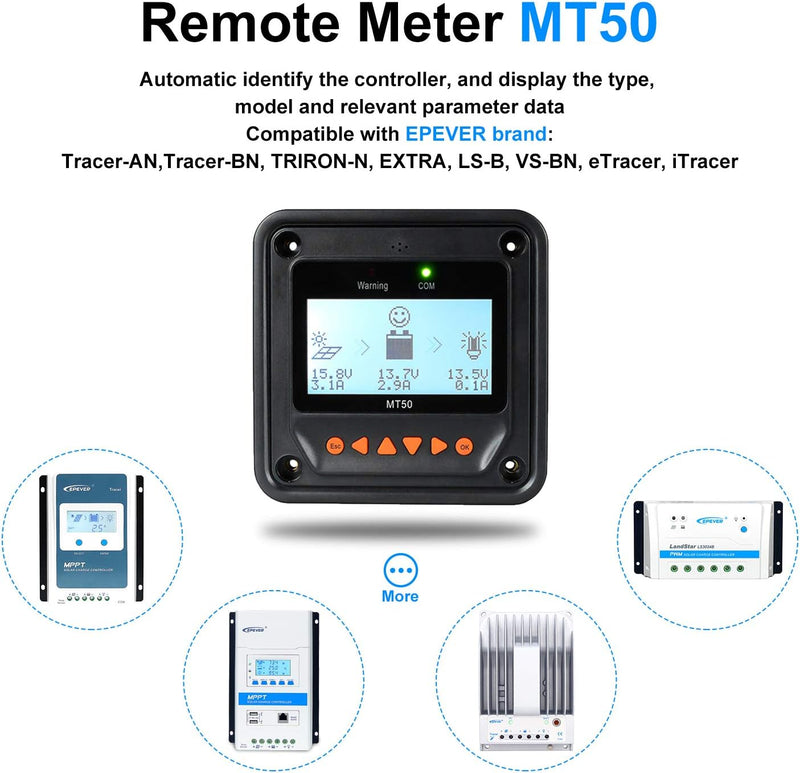 EPEVER MT50 Remote Meter für MPPT Solarladeregler 10A / 20A / 30A / 40A mit LCD-Display-Monitor und