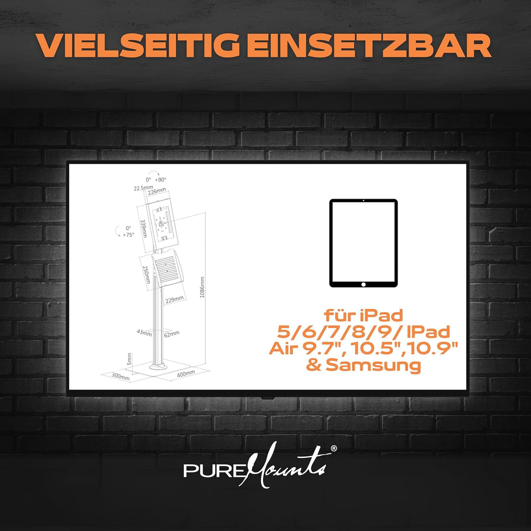 PureMounts® Tablet Halterung mit abschliessbarem Stahlgehäuse für iPad 5/6/7/8/9/ IPad Air 9.7"/ 10.