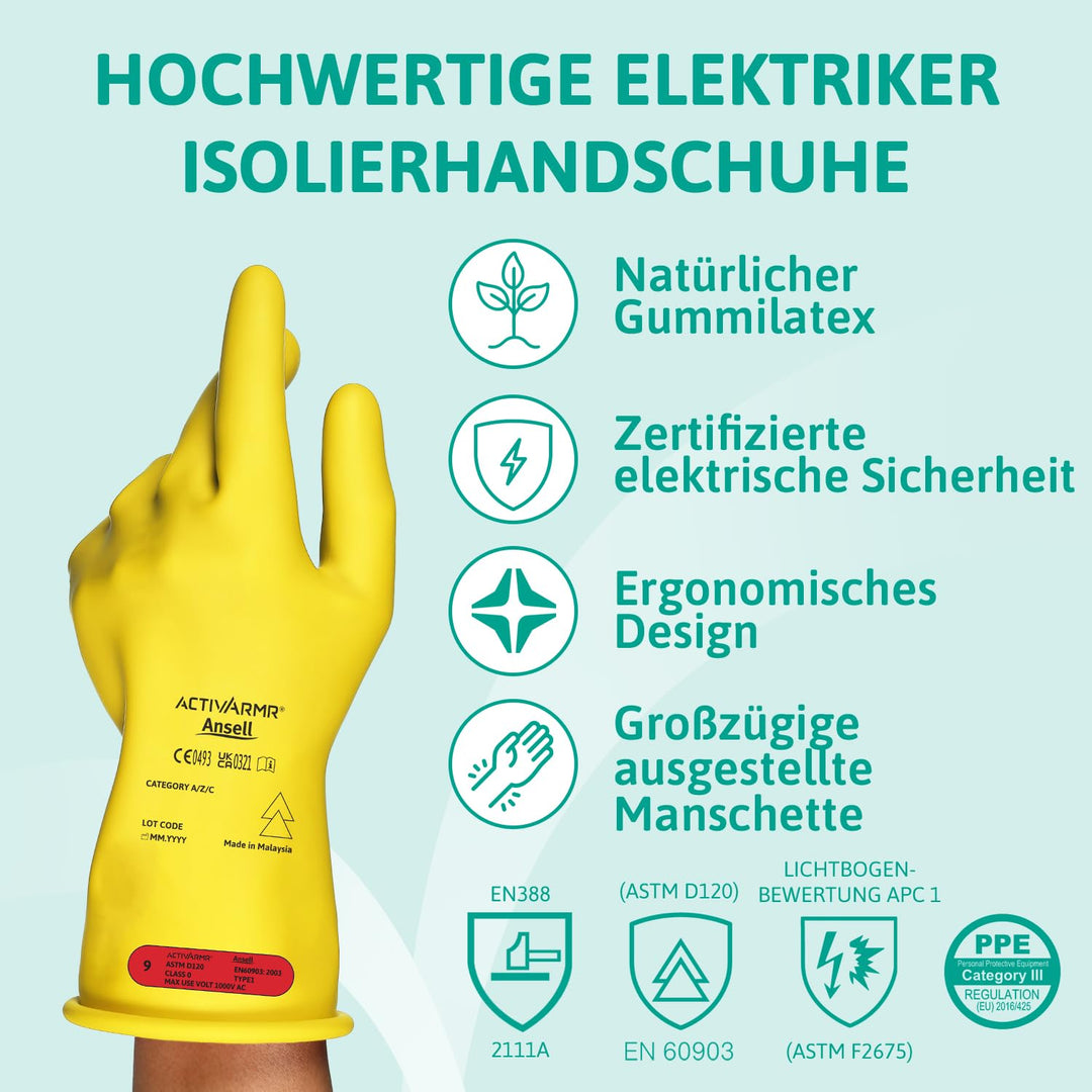 Ansell ActivArmr Elektriker-Schutzhandschuhe, Elektroschutz Klass 0 (1000V), Elektrisch Isolierende