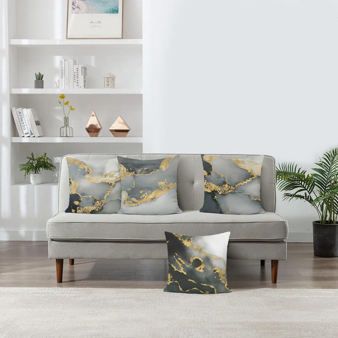 Bonhause 4er Set Kissenbezüge Marmor Grau 45 x 45 cm Doppelseitig Schwarz Gold Abstrakte Kunst Samt