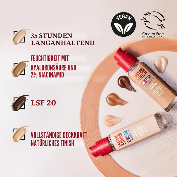 Rimmel London Lasting Finish 35 Hour 001 Pearl Foundation, langanhaltend, feuchtigkeitsspendend, veg