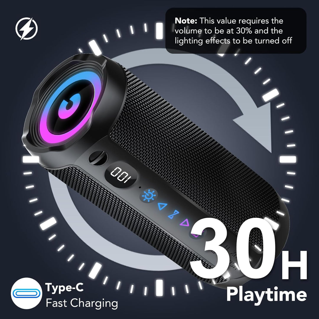 Bluetooth Lautsprecher mit Licht, Bluetooth 5.4 Musikbox,30W Dual Lautsprecher, LED Anzeige & 30 Std
