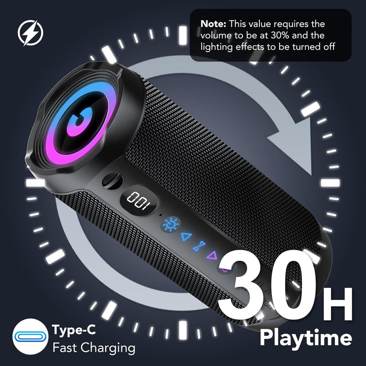 Bluetooth Lautsprecher mit Licht, Bluetooth 5.4 Musikbox,30W Dual Lautsprecher, LED Anzeige & 30 Std