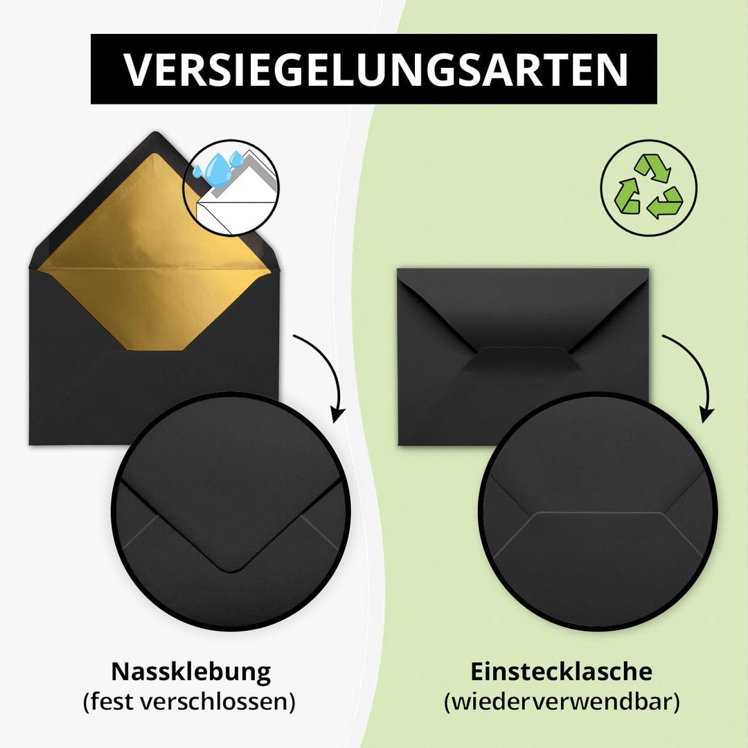 Kuverts in Schwarz - 50 Stück - Brief-Umschläge DIN C6-114 x 162 mm - 11,4 x 16,2 cm - Nassklebung -