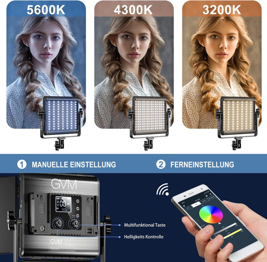 GVM LED Videoleuchte mit Stativ, APP Steuerung 800D RGB Videolicht led, dimmbares 3200-5600K LED Stu