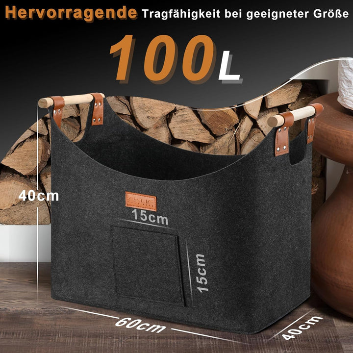 Holzkorb für Kaminholz Gross XXL, Kaminholzkorb mit Doppelt Verstärkten Leder, 100L Brennholzkorb au