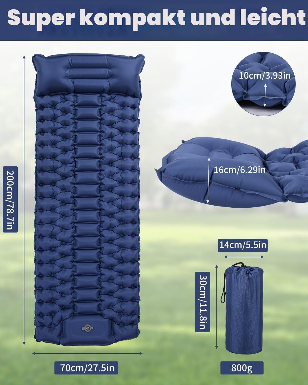 Isomatte Selbstaufblasend, 10cm Dicke Luftmatratze Camping mit Fusspressepumpe und Kissen, Anti-Rips