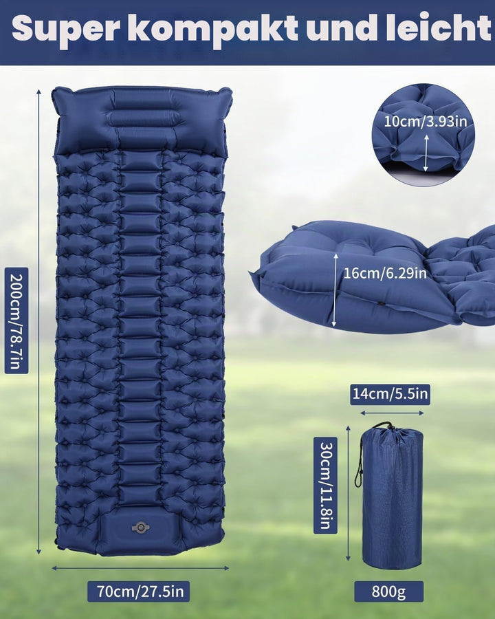 Isomatte Selbstaufblasend, 10cm Dicke Luftmatratze Camping mit Fusspressepumpe und Kissen, Anti-Rips