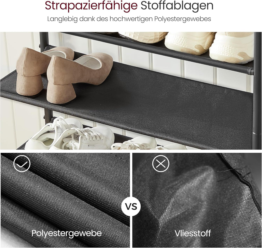 VASAGLE Schuhregal mit 4 Ebenen, platzsparend für Eingangsbereich, 3 Stoffablagen, grosse Oberfläche