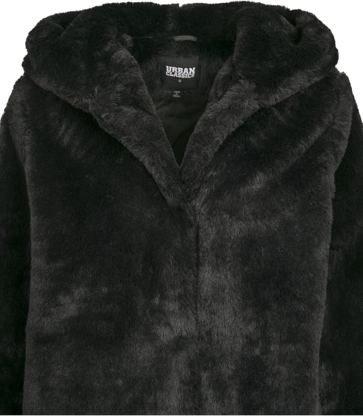 Urban Classics Ladies Hooded Teddy Coat aus Fake Kaninchenfell, Damen Mantel mit Kapuze und Seitenta