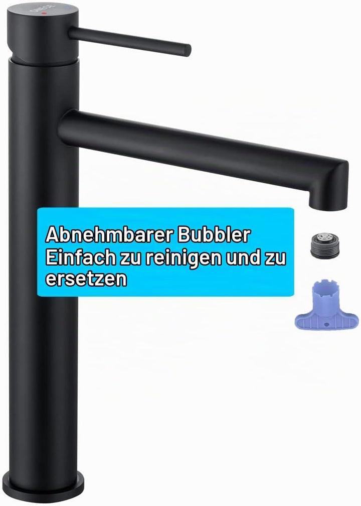 ONECE Schwarz Wasserhahn Bad hoch Armatur für Aufsatzwaschbecken, Waschtischarmatur hohe Mischbatter