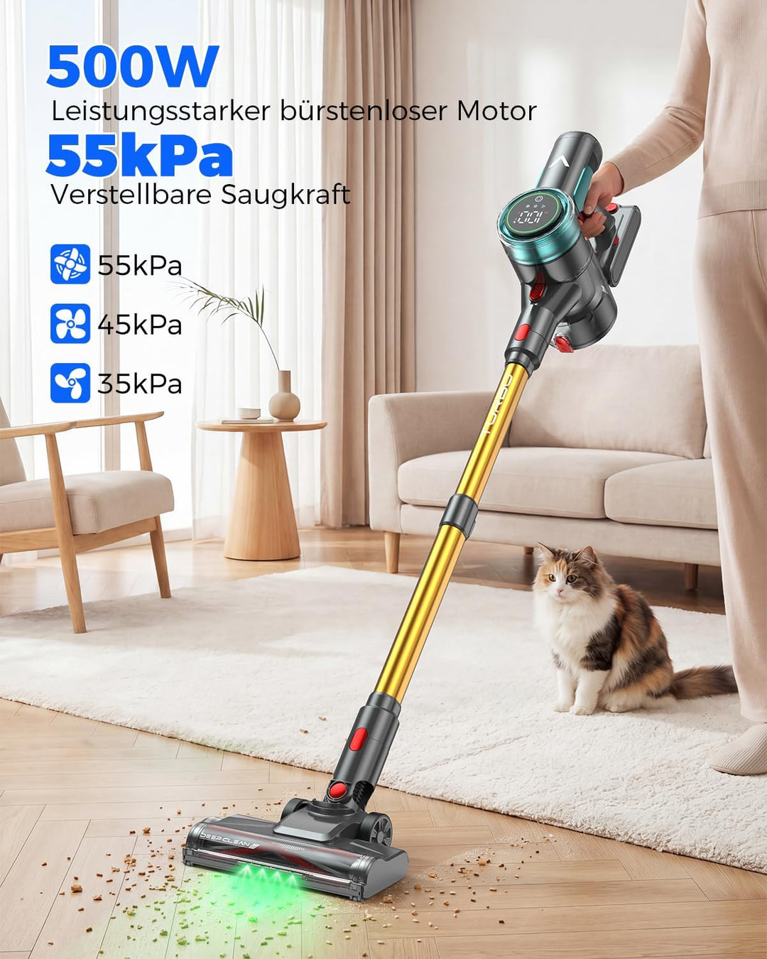 aonus A10 Akku Staubsauger, 55000Pa 500W 70Min Laufzeit Akkustaubsauger Kabellos mit LED Display, Se