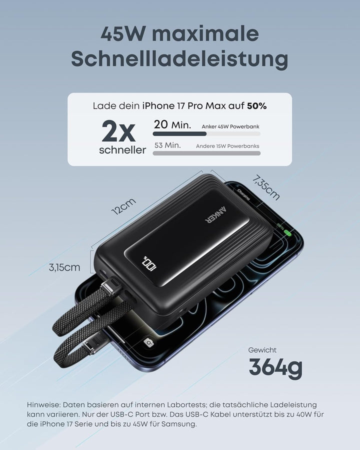 Anker Zolo Powerbank (2025 Upgrade), 45W Schnellladung, 20000mAh Akku-Pack, Zwei integrierte USB-C K