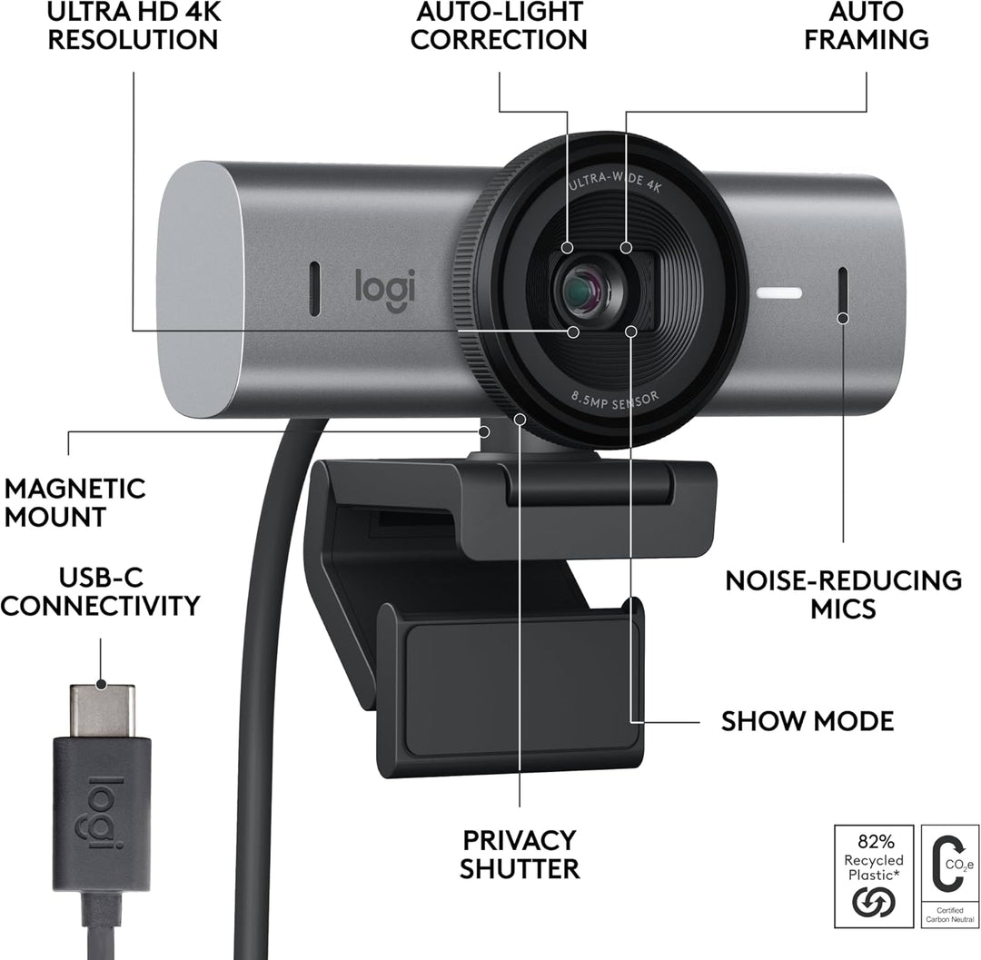 Logitech MX BRIO Ultra HD 4K Webcam mit rauschreduzierenden Mikrofonen, KI-gesteigerter Bildqualität