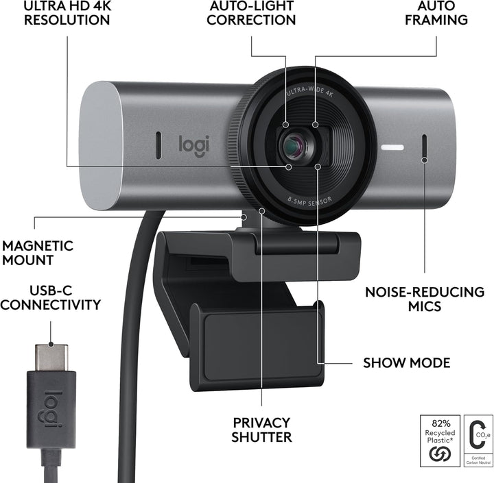 Logitech MX BRIO Ultra HD 4K Webcam mit rauschreduzierenden Mikrofonen, KI-gesteigerter Bildqualität