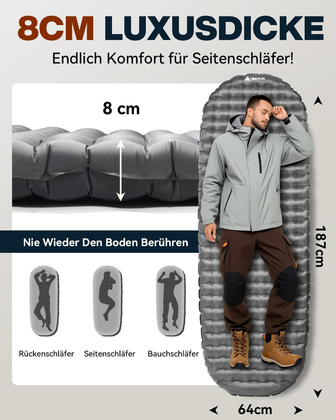HIKENTURE 6,2 R-Wert Camping Isomatte Ultraleicht, 8 cm Dicke Aufblasbare Isomatte Camping Luftmatra