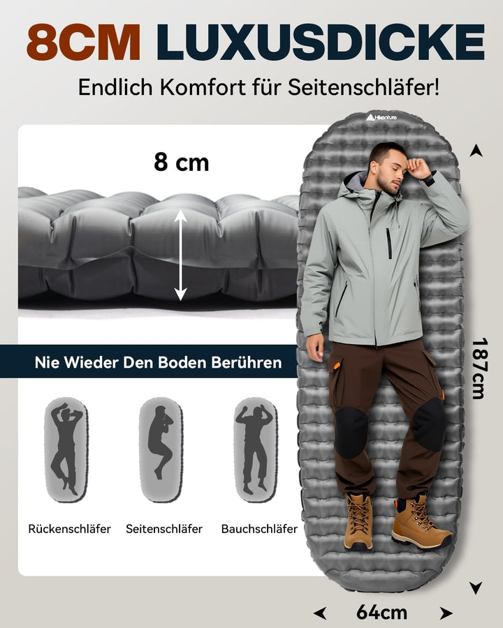 HIKENTURE 6,2 R-Wert Camping Isomatte Ultraleicht, 8 cm Dicke Aufblasbare Isomatte Camping Luftmatra