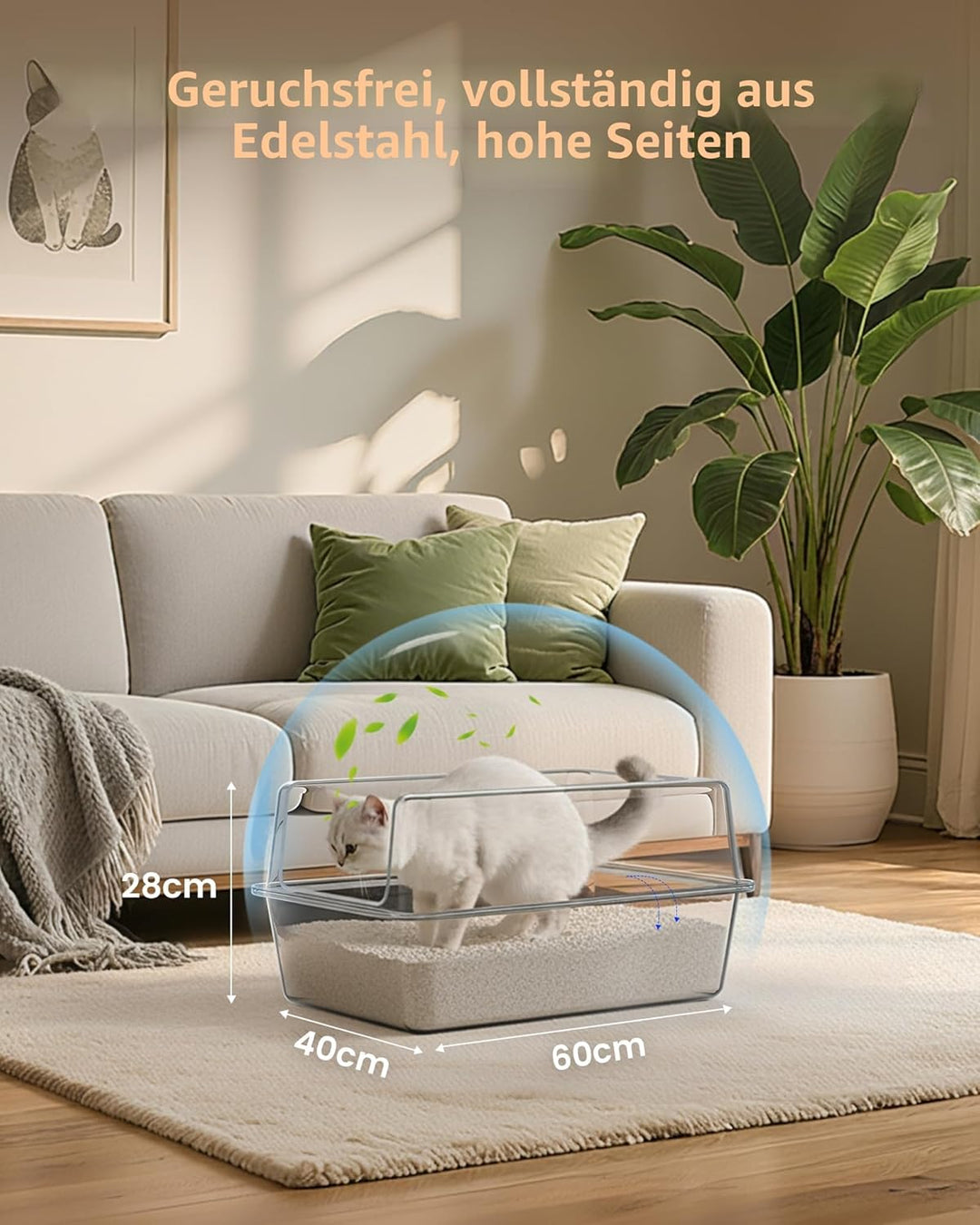 Katzenklo Edelstahl, VollMetall Katzentoilette Gross XXL, Katzenklo mit Abnehmbares Hoher Rand, Katz