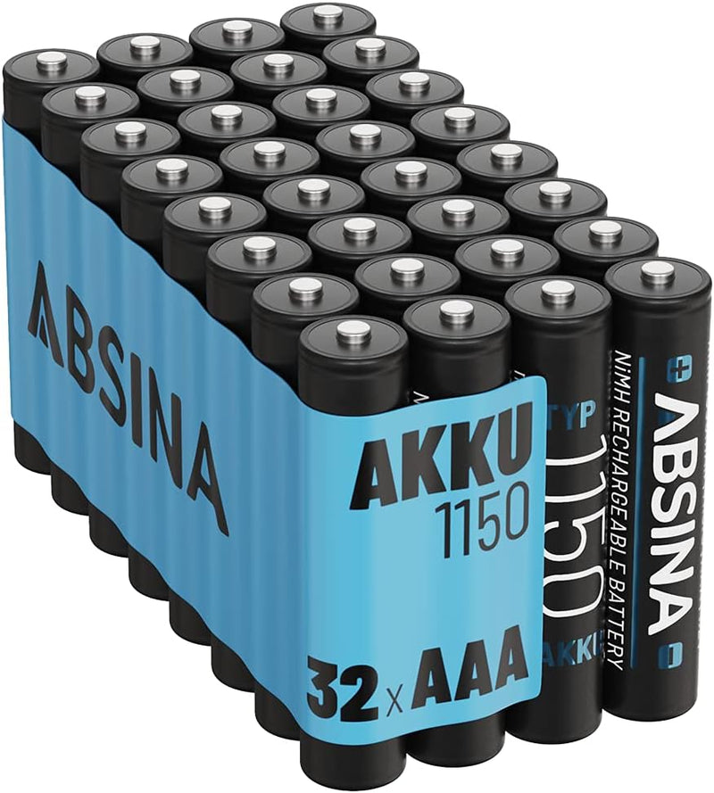 ABSINA AAA Akku 1150 NiMH 32er Pack - Akku AAA Micro mit 1,2V & min. 1050 mAh - AAA Akkus wiederaufl