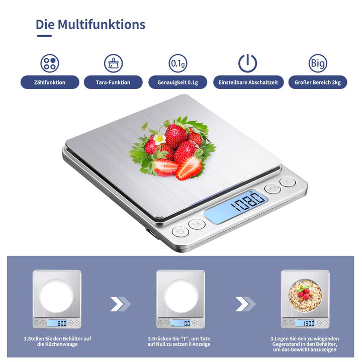 Digitale Küchenwaage USB Aufladen,3kg/0.1g Hochpräzise Digit alwaage Haushaltswaage, für backen Zuta