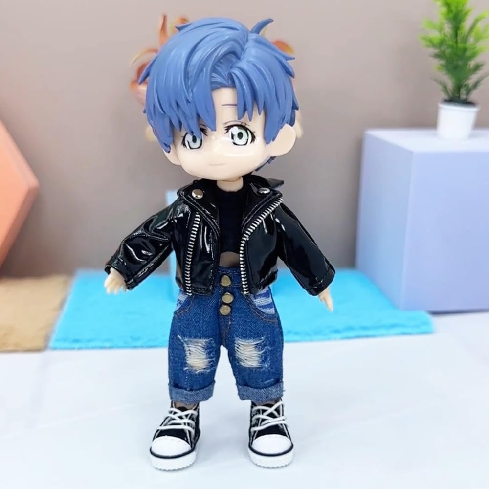 niannyyhouse 1/12 BJD OB11 Puppenkleidung Lederjacke Weste Zerrissene Jeans Puppe Dressup (Schwarz),