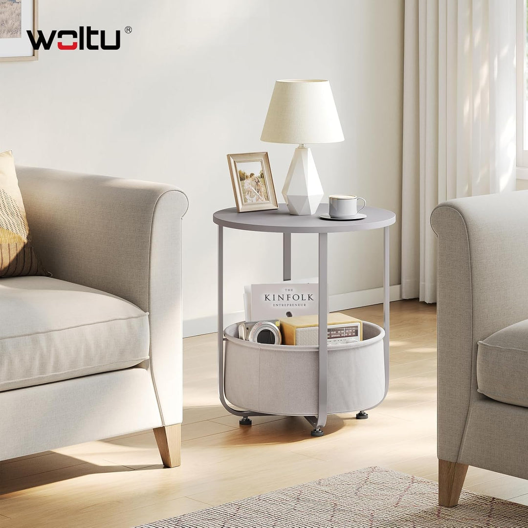 WOLTU Couchtisch rund, Kleiner Beistelltisch, mit abnehmbarem Stoffkorb, Metallrahmen, für Sofa Wohn