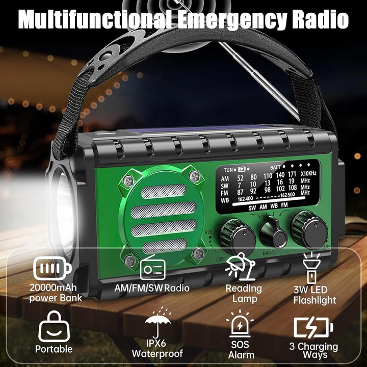 Solar Kurbelradio 20000mAh Radio Notfall Radio Batteriebetrieben Notfall SW/AM/FM Notfallradio mit L