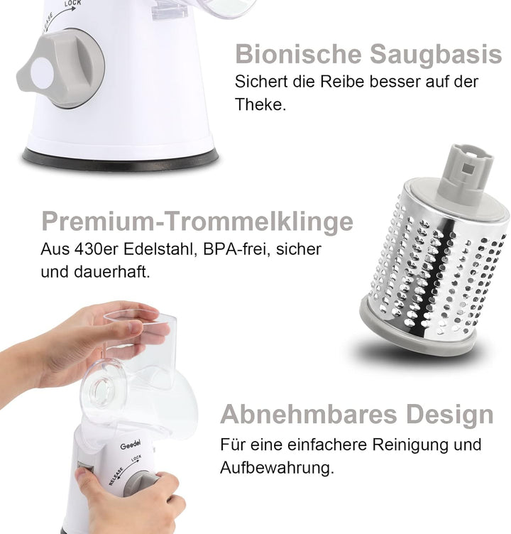 Käsereibe, Reibe für Gemüse mit 3 Trommelblättern, Trommelreibe Schnelleres und Einfaches Schneiden,
