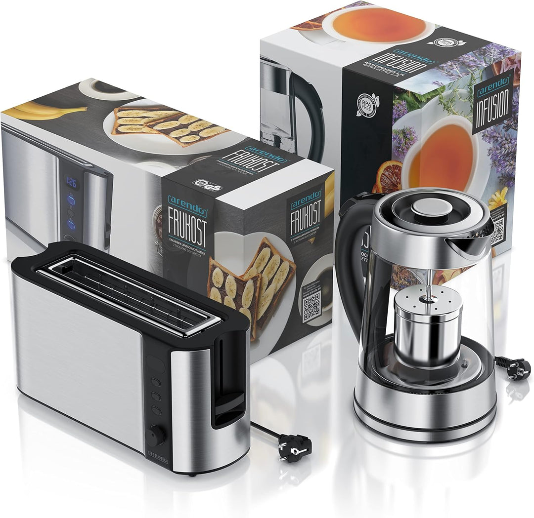 Arendo - Wasserkocher mit Toaster SET, Edelstahl Glas Wasserkocher mit Teesieb und wählbaren Tempera
