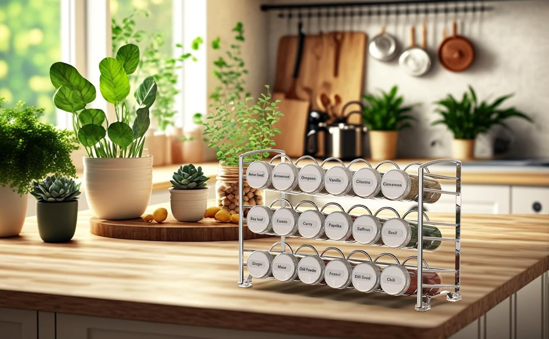 DecoBros Spice Rack Stand Holder with 18 Bottles and 48 Labels, Chrome by Deco Brothers, Chrome