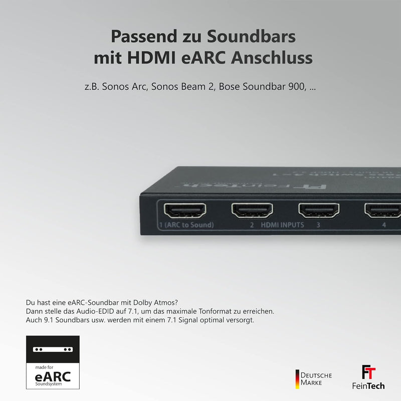 FeinTech VAX04101A HDMI eARC Pass Switch 4x1, für 3 HDMI-Quellen, Soundbar und TV Beamer 4K HDR Dolb