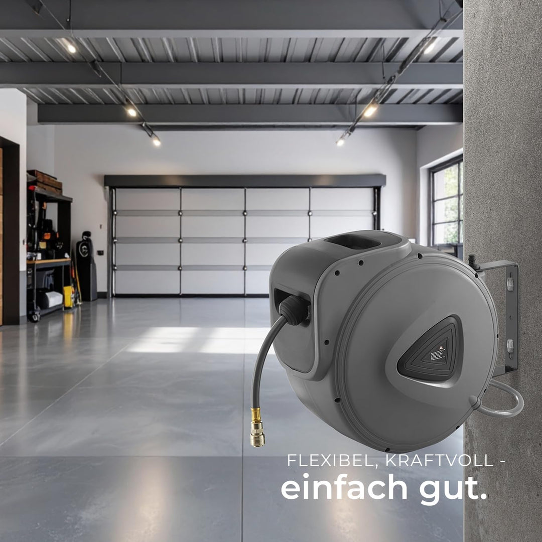 tectake 800801 Druckluftschlauch Aufroller mit ¼ Zoll Schnellkupplung, Aufroll-Automatik mit Schlauc