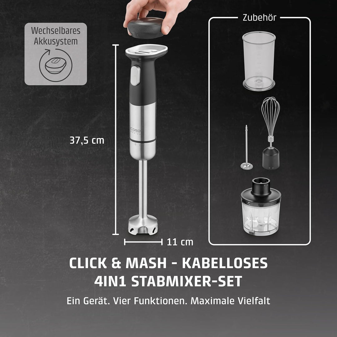 CASO Click & Mash - kabelloses 4 in 1 Stabmixer Set, akkubetrieben, verwendbar als Pürierer, Zerklei