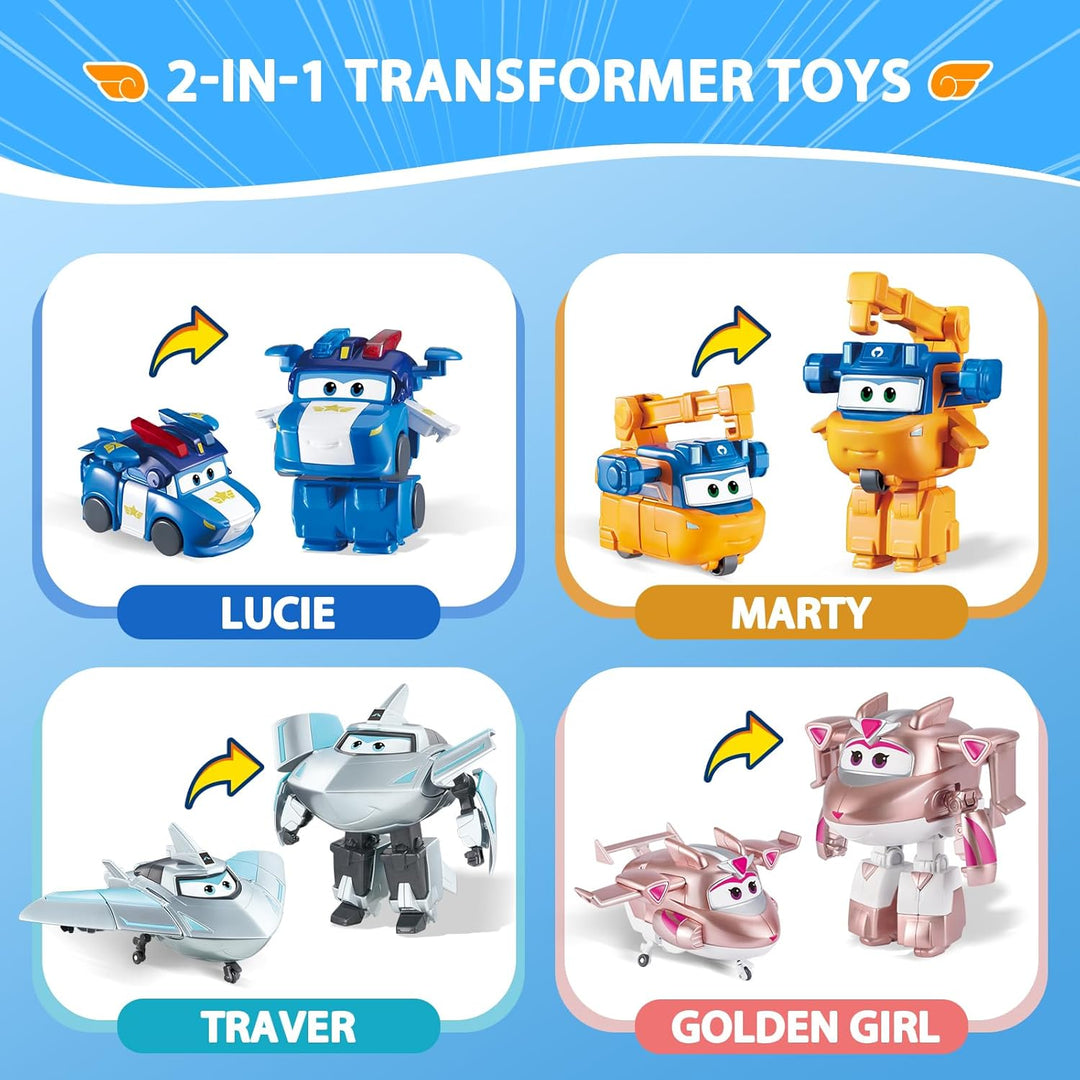 Super Wings Transforming Figuren 4 Pack, 5 cm Lucie & Marty & Traver & Golden Girl, Roboter zu Flugz