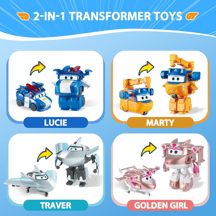 Super Wings Transforming Figuren 4 Pack, 5 cm Lucie & Marty & Traver & Golden Girl, Roboter zu Flugz