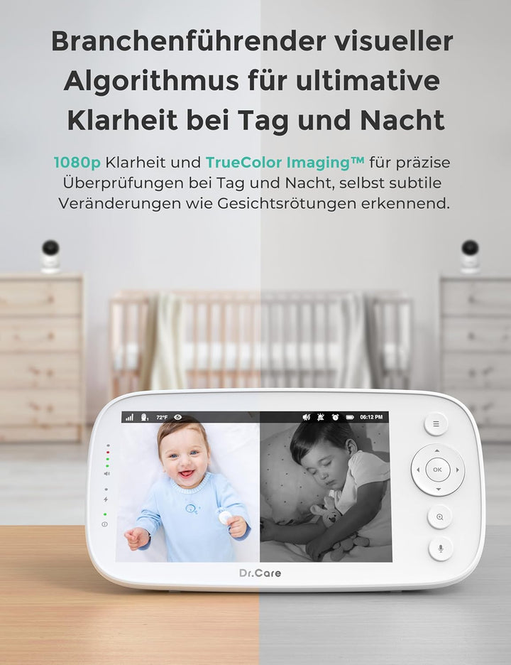 Dr.Care NovaView Video-Babyphone – 5" 1080P Split-Screen Display, 5000mAh Akku, klare Nachtsicht, Ec
