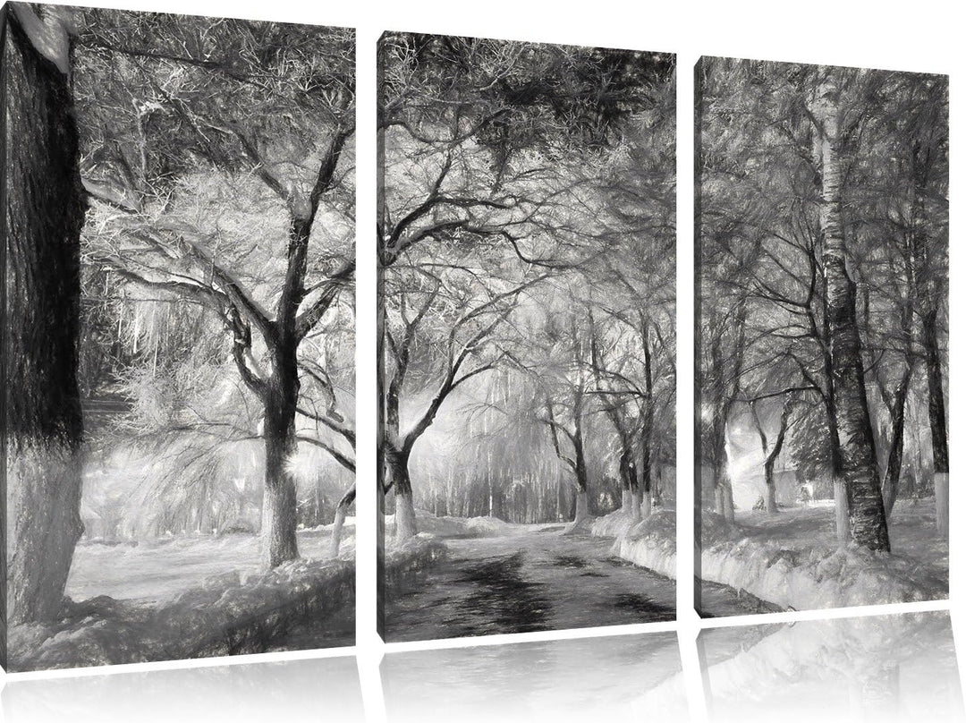 Pixxprint Baumallee im Winter Kohle Zeichnung Effekt 3-Teiler Leinwandbild 120x80 Bild auf Leinwand