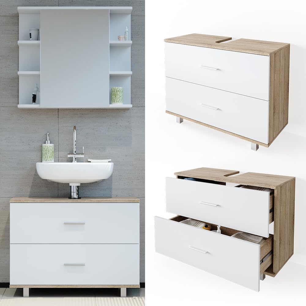VICCO Waschbeckenunterschrank Ilias Schublade Unterschrank Badezimmer, Sonoma-weiss