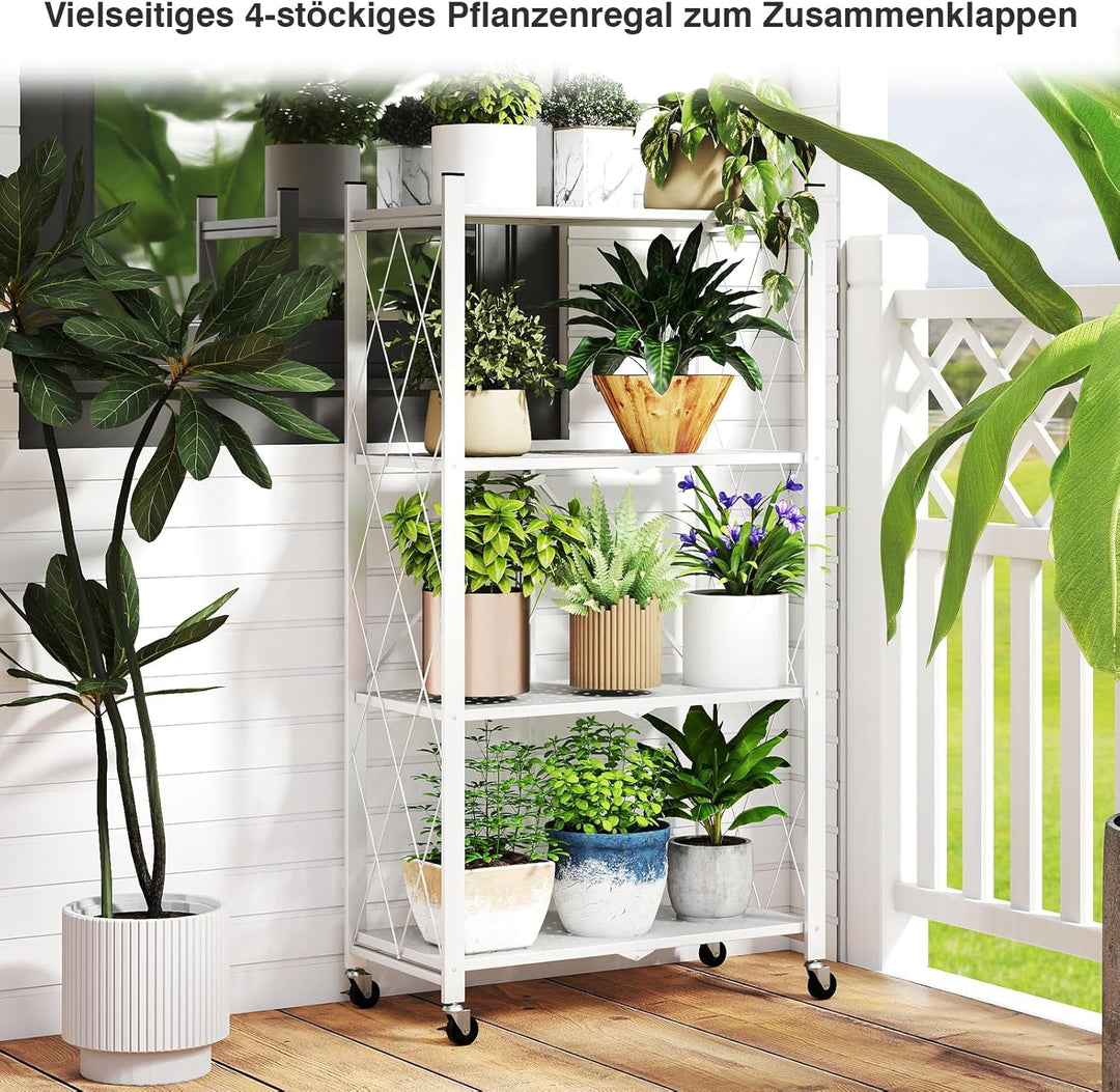ALANNG Blumenständer mit Rädern, 4 Ablagen Stabiler Pflanzenständer, Metall Pflanzenregal Indoor Ein