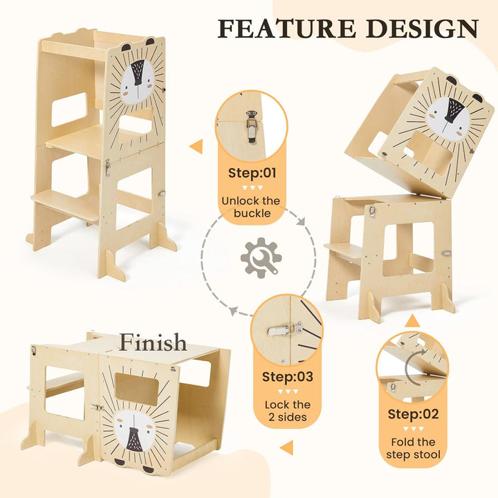 labebe lernturm für Kinder, Grossformat klappbar Montessori Learning Tower, 2 in 1 lernstuhl Kinder
