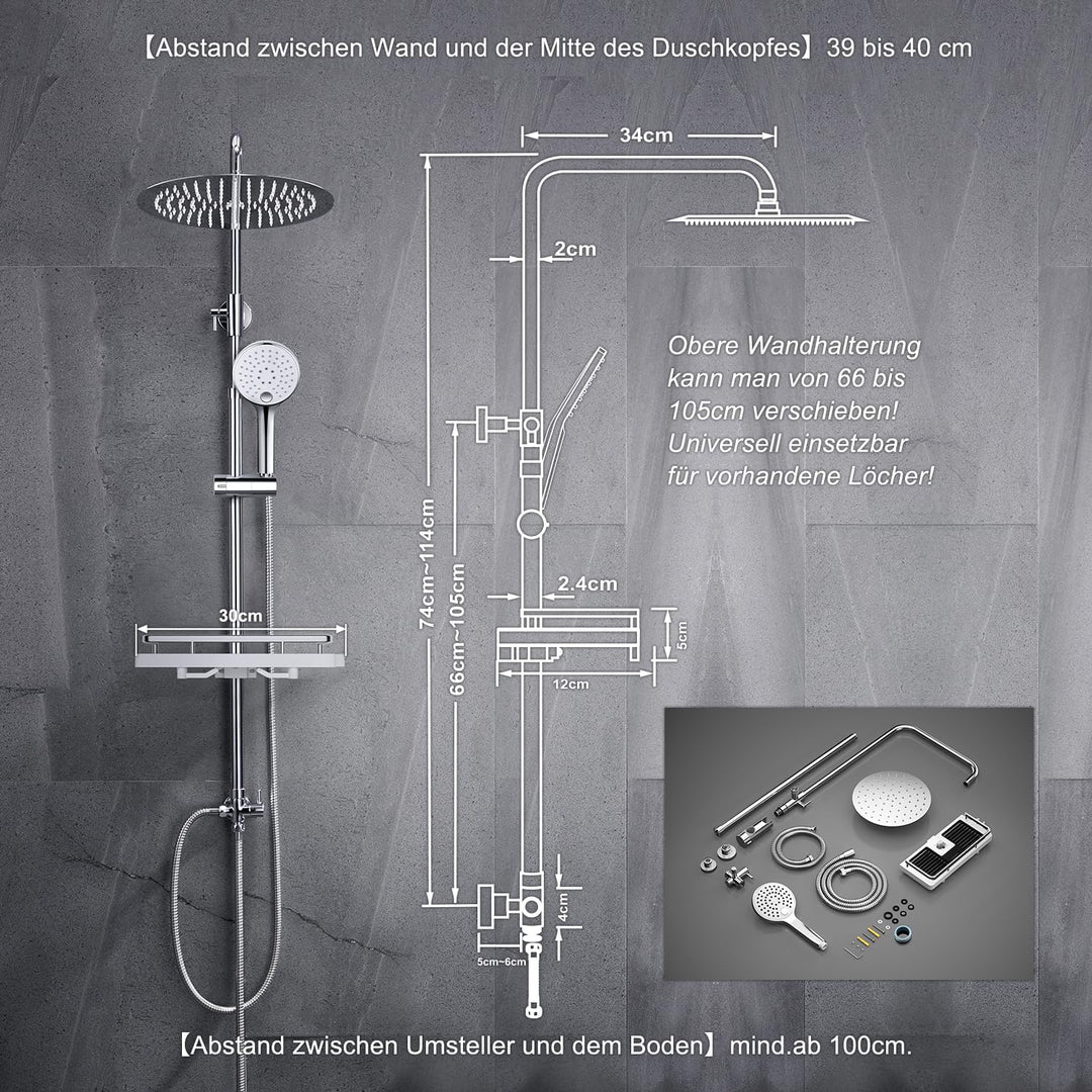 JOHO Regendusche Duschsystem ohne Armatur, Rain Shower Duschset Überkopfbrauseset aus Edelstahl mit