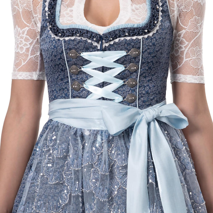 Dirndlparty Dirndl Blau, Damen Midi Mittellang Dirndl 60cm mit Rosenmuster und Pailletten Spitzensch