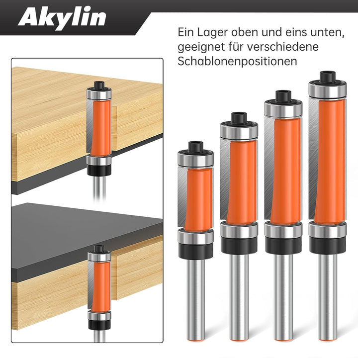 4 Stück Set Bündigfräser 6 mm Schaft, Kopierfräser für Oberfräse, Holzbearbeitungswerkzeug mit obere